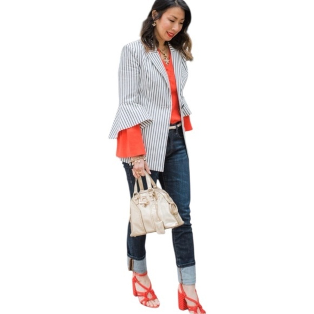 CAbi Navy White Striped Bell Sleeve Blazer Size 4 Classic Chic Statement